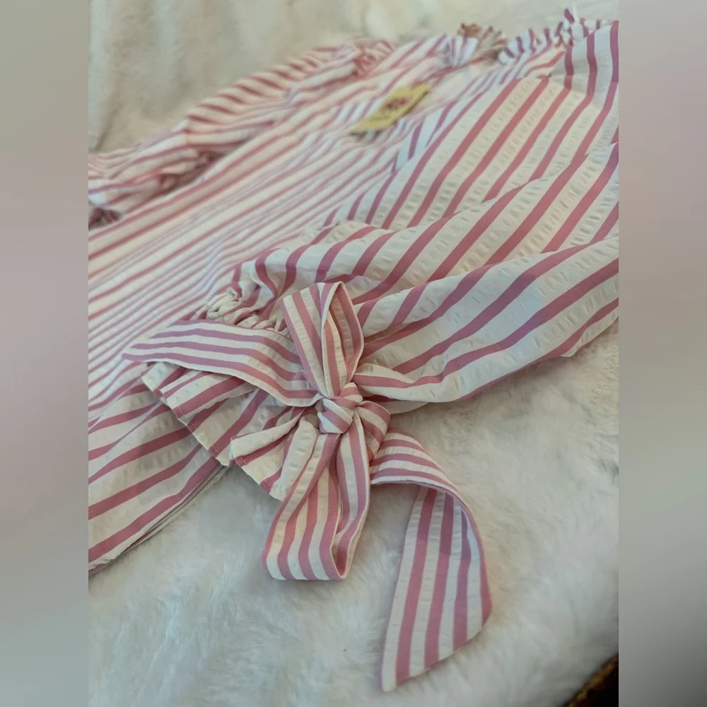 Entro White & Pink Stripe SearSucker Mini Dress, Exaggerated Balloon Sleeves - Picture 11 of 16